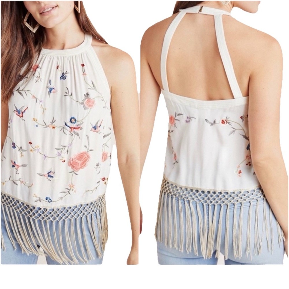 Anthropologie Embroidered Halter Top Sz2 Gatsby Fringe Boho Festival Tank Hippie